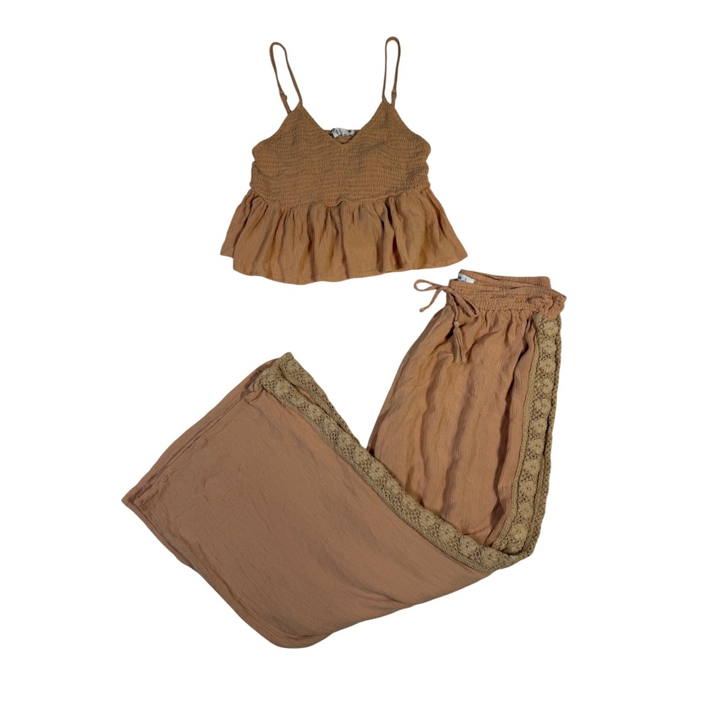 Salty Lemon Women Tan Crinkle Rayon 2 Piece Set Smocked Top Wide Leg Pants L - Picture 2 of 13